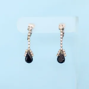 Vintage Clip On Earrings Clear Gems with Black Gem Drop Dangle Regal Stylish thumbnail 2
