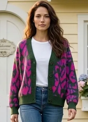Umgee USA Pink Green Animal Print Button Front Cardigan Sweater Medium Boho thumbnail 1