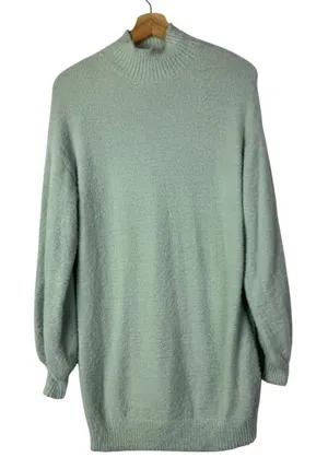 Forever 21 Mint Green Fuzzy Eyelash Knit Turtleneck Sweater Dress‎ M thumbnail 1