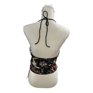 Romwe Black Multicolor Moon Floral Print Halter Top Size L Lace Up Open Back thumbnail 3