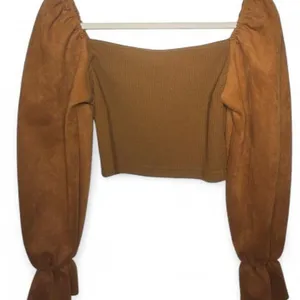 SheIn autumn season camel brown ribbed ruched crop top with puff sleeves thumbnail 6