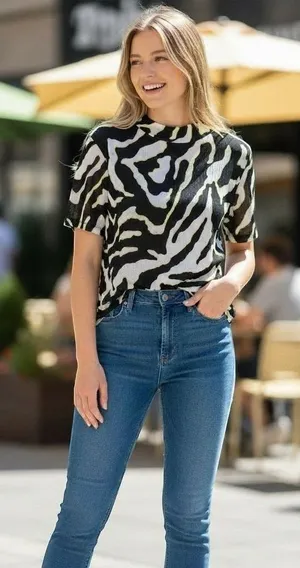 Zara Trafaluc Zebra Print Short Sleeve Top Black White Yellow Mock Neck Small thumbnail 1