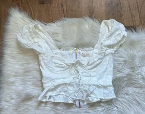 FOR LOVE AND LEMONS Charlotte Eyelet Lace Up Blouse In White thumbnail 8