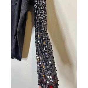 Free People Celine Sequin Sleeve T-Shirt Womens Sz XS Holiday New Years Sheer thumbnail 4