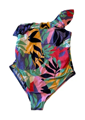Motherhood Maternity One Shoulder‎ Ruffle Tropical Leaf Swimsuit Multicolor M thumbnail 1