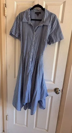 ivy + blu Blue and White Striped Button-Down Shirt Dress with Tie Back HOM1187-G thumbnail 1