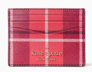 Kate Spade Staci Plaid Small Slim Card Holder wallet red leather thumbnail 4