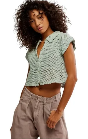 Free People Lily Crochet Cropped Spread Collar Button Down Top Aqua‎ Blue XS thumbnail 1