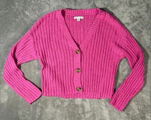American Eagle XS Hot Pink Ribbed Knit Cropped Cardigan Button Front V-Neck NWOT thumbnail 2