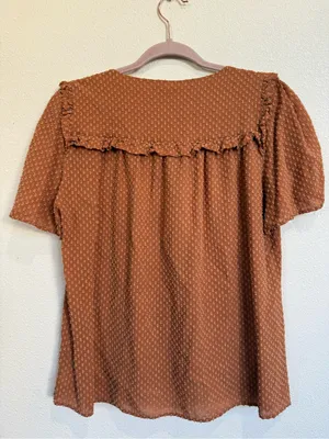 Johnny Was Brown Swiss Dot Boho Peasant Blouse L Ruffle V-Neck Top thumbnail 7