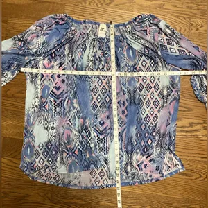 Sew in Love boho peasant blouse multi blue and pink geometric print. Size Large thumbnail 6