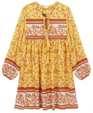 R.Vivimos Womens Long Sleeve Floral Casual Print Cotton Mini Tunic Dress thumbnail 1