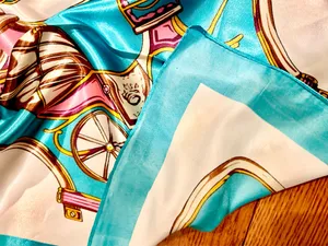 VTG Royal Regal Carriage Print turquoise/PINK oversized square Silky Scarf 35/35 thumbnail 14
