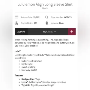 Lululemon NWT Align Shirt Top Long Sleeve Tee Black Size 6 thumbnail 3