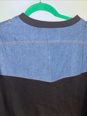 Endless Rose Crew Neck Sweatshirt Blue Denim Shoulder Panels Black Cotton Body thumbnail 2