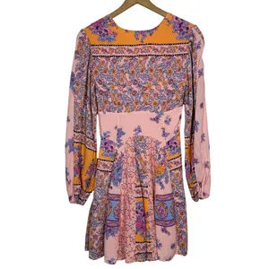 Free People Mixin' It Up Mini Dress XS Pink Orange Paisley V-Neck Boho Hippie thumbnail 4