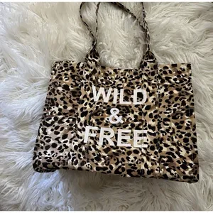 Leopard Animal Print "Wild & Free" Canvas Tote Bag w/ Inner Pockets 12in thumbnail 2