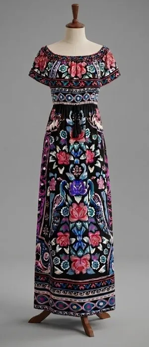 Flying Tomato Bohemian Floral Print Off-the-Shoulder Peacock Maxi Dress Size M thumbnail 1