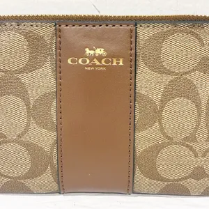 Coach Corner Zip Wristlet In Signature Canvas‎ Gold/Khaki Saddle 2 Wallet thumbnail 2