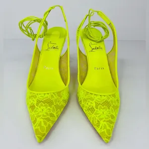Christian Louboutin Kate 85mm Lace Wraparound Neon Fluo Yellow Pumps EU 38 thumbnail 6