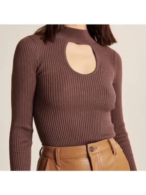 Abercrombie & Fitch Rust Brown Keyhole Mock Neck Ribbed Knit Sweater size XS thumbnail 13