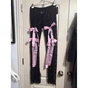 Sheer Black Lace Flare Pants Whimsigoth Coquette Pink Bows Coquette Pastel‎ Goth thumbnail 2