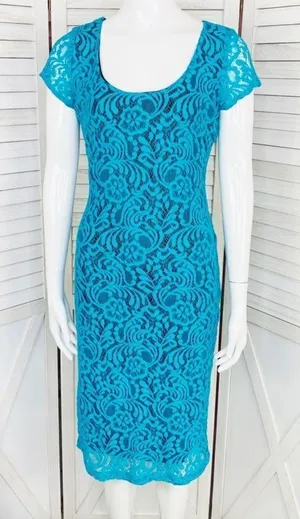 Eva Mendes‎ New York & Co. Lace Sheath Bodycon Dress Teal Black 2 Party Cocktail thumbnail 1