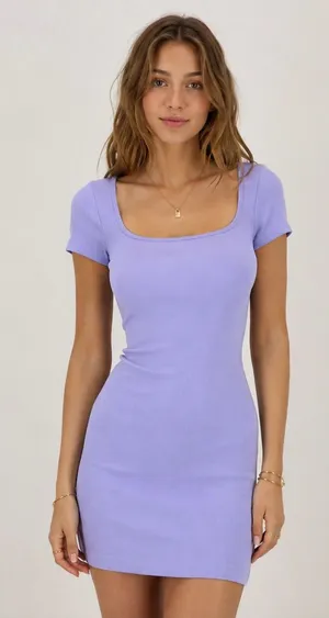 OQQ Lavender/Lilac Square Neck Ribbed Mini Bodycon Dress Size Small thumbnail 1