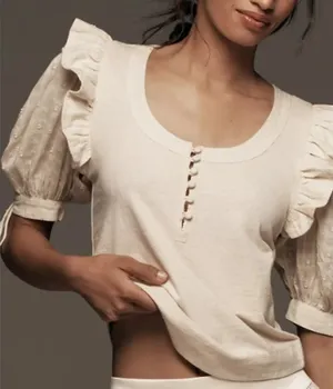 Anthropologie button front top tie And Embroidered sleeves thumbnail 1
