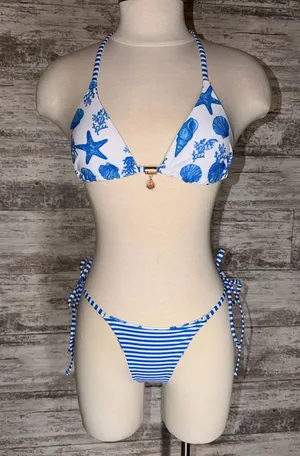 Two Piece White and Blue Reversible Bikini Set  thumbnail 1