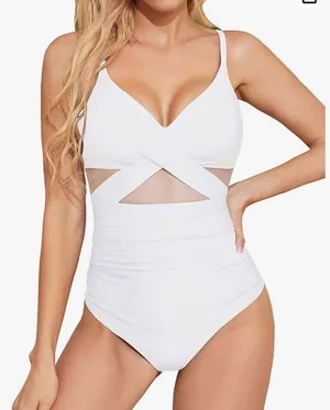Women One Piece Tummy Control Swimsuits Push Up Bathing Suits Cutout Mesh Front Cross Swimwear thumbnail 1