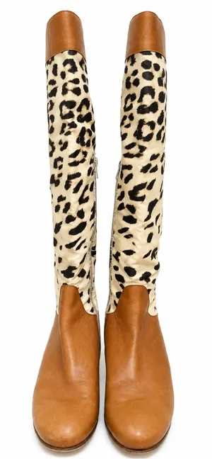 Vero Cuoio Women’s Brown Leather Leopard Print Knee High Boots. Size: 7.5 thumbnail 1