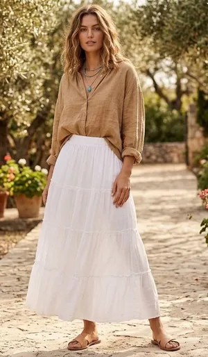 Trendy Queen Tiered Maxi Skirt Womens L White Elastic Waist Boho Cottagecore thumbnail 1