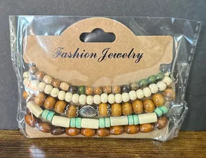 Boho Western Brown, Cream and Mint Layered Beaded Bracelet Set thumbnail 1