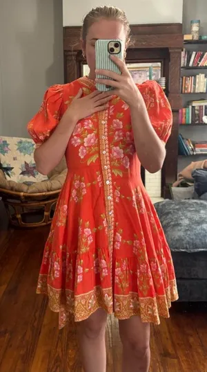 A Loves A Floral Puff-Sleeve Orange Belted Linen Mini Dress New Size Small thumbnail 1
