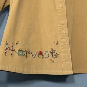 Country Grandma Size Large Yellow Embroidered Corduroy Shirt Autumn Harvest Fall thumbnail 6