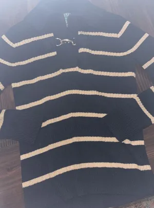 Lauren Ralph Lauren Black Gold Striped Sweater Toggle Medium Sparkle Metallic thumbnail 2