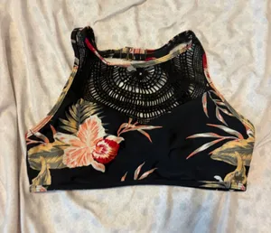 Roxy floral black pink green floral open back high crochet neckline swim top thumbnail 1