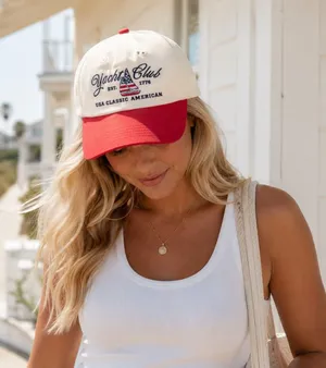 Time and Tru Yacht Club Baseball Cap Cream Red Nautical USA Classic American Hat thumbnail 1