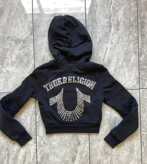 True Religion Womens Black Rhinestone Horseshoe Cropped Zip Up Hoodie XS thumbnail 1