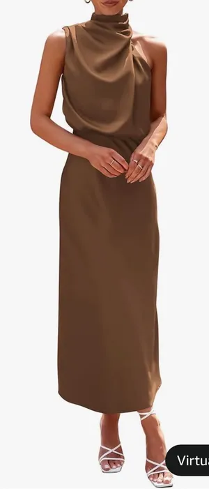 PRETTYGARDEN Elegant Satin Sleeveless Mock Neck Dress thumbnail 1