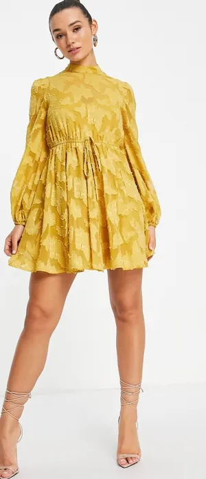 NEW Asos Mustard Yellow High Neck Long Puff Sleeve Fit & Flare Mini Dress Size 6 thumbnail 1