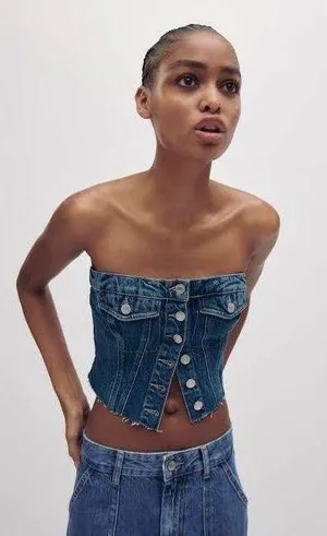 ZARA crop top corset denim jeans button up thumbnail 8