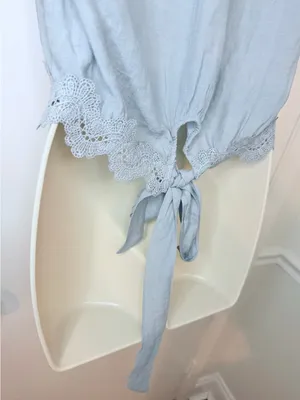 Mine Dusty Blue Lace Trim Blouse Short Sleeve Ruffle Neck Boho Women’s M thumbnail 10