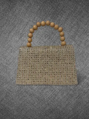 Metallic Gold Woven Envelope Handbag With Wooden Bead Handle And Chain Strap thumbnail 7