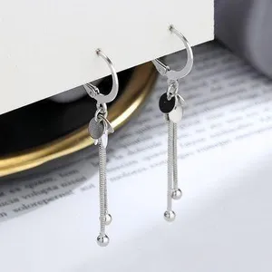 925 Silver Plated Round Disc Tassel Dangle Drop Hoop Earrings for Women thumbnail 1