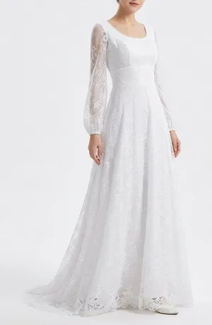 Vintage Style Allover Lace Wedding Dress Long Bishop Sleeve White Size 4 thumbnail 1