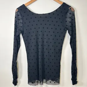 Vintage 90’s Y2K Goth Black Polka Dot Mesh Top With Sheer Ruched Long Sleeves S thumbnail 2