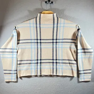 793 | Tahari Plaid Mock Neck Boxy Knit Sweater Tan Blue Women‎ XL thumbnail 2