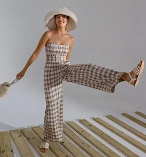 Anthropologie En Saison Brown Plaid Gingham Jumpsuit XS thumbnail 1